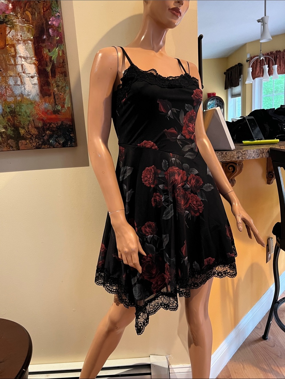 Black goth  Floral Lace-Trim Slip S Dress with Red Roses nwt